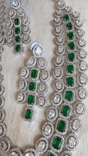 Emerald Green Rhodium Triple Layer Long Diamond CZ Necklace | Elegant Multi-Layer Cubic Zirconia Necklace | Statement Party & Bridal Jewelry