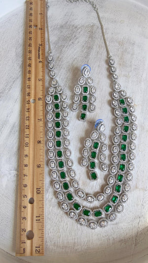 Emerald Green Rhodium Triple Layer Long Diamond CZ Necklace | Elegant Multi-Layer Cubic Zirconia Necklace | Statement Party & Bridal Jewelry