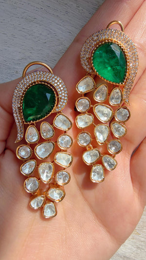 Sabyasachi-Inspired Moissanite kundan danglers Green Earrings/Elegant Statement Jewelry/Moissanite Earrings/Bridal Diamond