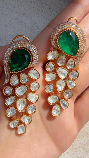 Sabyasachi-Inspired Moissanite kundan danglers Green Earrings/Elegant Statement Jewelry/Moissanite Earrings/Bridal Diamond
