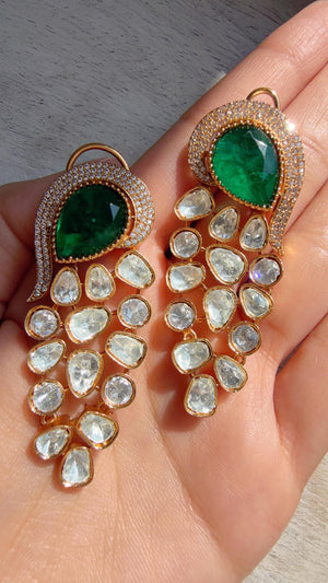 Sabyasachi-Inspired Moissanite kundan danglers Green Earrings/Elegant Statement Jewelry/Moissanite Earrings/Bridal Diamond