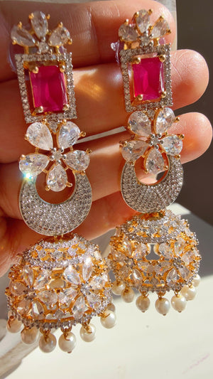 Anaya 2 Tone Chand diamond Ruby jhumka Earrings next to real/Indian Jewelry Indian Earrings/American Diamond jhumka/CZ Earrings