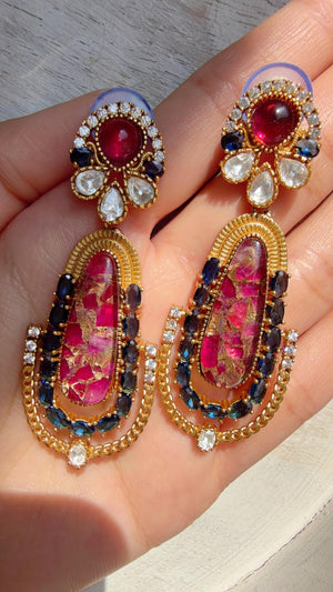 Kiran Sabyasachi-Inspired Moissanite Navy and Pink Earrings/Elegant Statement Jewelry/ Moissanite Multi Earrings/Bridal Diamond earrings