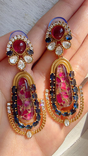Kiran Sabyasachi-Inspired Moissanite Navy and Pink Earrings/Elegant Statement Jewelry/ Moissanite Multi Earrings/Bridal Diamond earrings