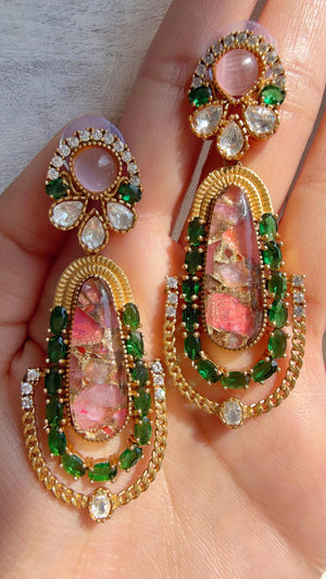 Kiran Sabyasachi-Inspired Moissanite Emerald Baby Pink Earrings/Elegant Statement Jewelry/ Moissanite Multi Earrings/Bridal Diamond earrings