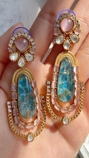Kiran Sabyasachi-Inspired Moissanite Baby Pink Blue Earrings/Elegant Statement Jewelry/ Moissanite Multi Earrings/Bridal Diamond earrings