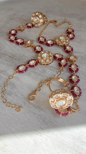 Moissanite Kundan Haath Phool Hath Panja Bracelet Ring Set | Polki Hand Harness | Indian Bridal Jewelry | Ruby Hand Jewelry - Bella