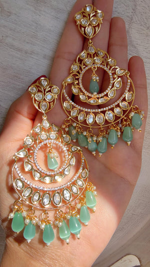 Mint Kundan Chandbali Earrings | Gold Plated Polki Earrings | Indian Bridal Jewelry | Wedding Statement Earrings