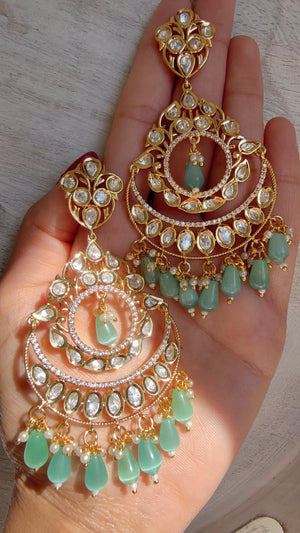 Mint Kundan Chandbali Earrings | Gold Plated Polki Earrings | Indian Bridal Jewelry | Wedding Statement Earrings