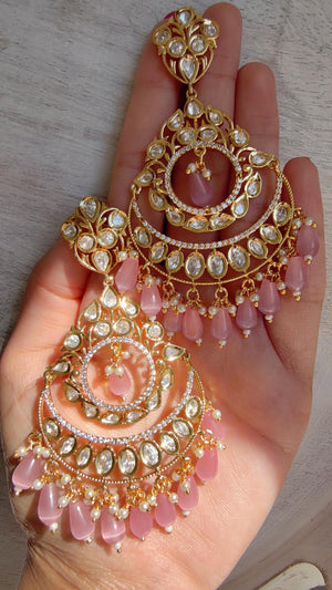 Pink Kundan Chandbali Earrings | Gold Plated Polki Earrings | Indian Bridal Jewelry | Wedding Statement Earrings