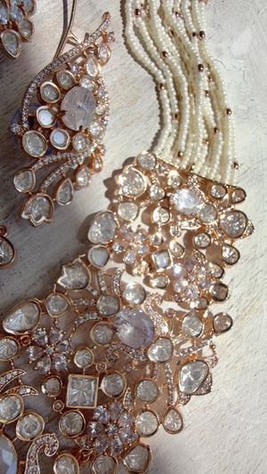 Nupur Sanon Inspired Gold Kundan Choker Necklace Set | Polki Kundan Jewelry with Ear Cuff Earrings & Maang Tikka