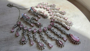 Baby Pink CZ Statement Necklace Set | Silver Tone Indian Bridal Jewelry | Wedding & Reception Necklace