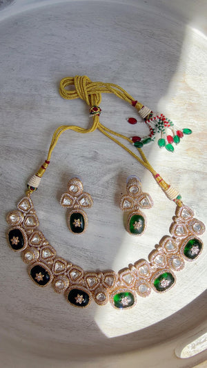 Green Kundan Polki Choker Necklace Set | Gold Finish Statement Choker with Blue Beads | Indian Bridal Jewelry