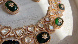 Green Kundan Polki Choker Necklace Set | Gold Finish Statement Choker with Blue Beads | Indian Bridal Jewelry