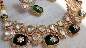 Green Kundan Polki Choker Necklace Set | Gold Finish Statement Choker with Blue Beads | Indian Bridal Jewelry
