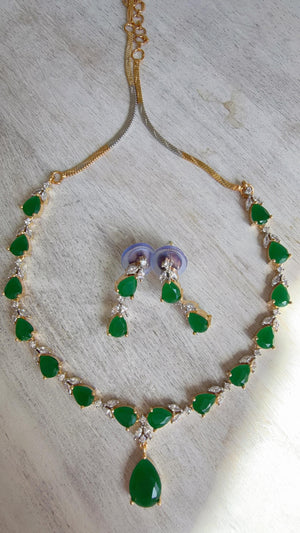 Gold Single Line Green Diamond Necklace | CZ Choker Necklace | Indian Jewelry | Modern Elegant Diamond Necklace | Bridal Party Wear - Shelly