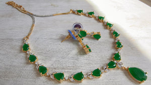 Gold Single Line Green Diamond Necklace | CZ Choker Necklace | Indian Jewelry | Modern Elegant Diamond Necklace | Bridal Party Wear - Shelly