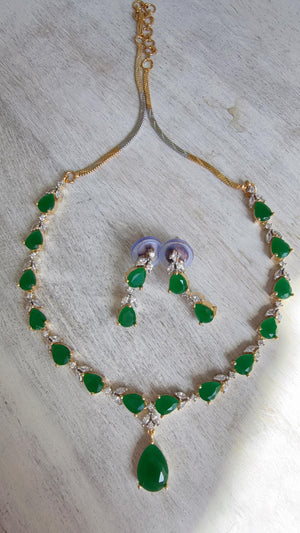 Gold Single Line Green Diamond Necklace | CZ Choker Necklace | Indian Jewelry | Modern Elegant Diamond Necklace | Bridal Party Wear - Shelly