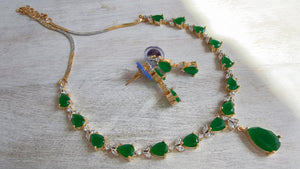 Gold Single Line Green Diamond Necklace | CZ Choker Necklace | Indian Jewelry | Modern Elegant Diamond Necklace | Bridal Party Wear - Shelly