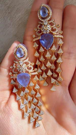 Moissanite kundan Purple Earrings / American Diamond Earrings/ Statement doublet Danglers//Bridal Chandelier Earrings - Naina