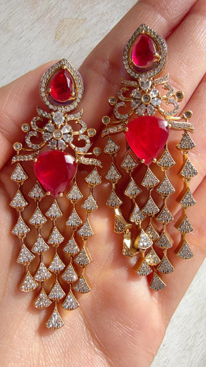 Moissanite kundan Ruby Earrings / American Diamond Earrings/ Statement doublet Danglers//Bridal Chandelier Earrings - Naina