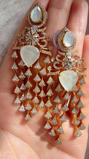 Moissanite kundan Earrings / American Diamond Earrings/ Statement doublet Danglers//Bridal Chandelier Earrings - Naina