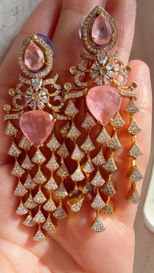 Moissanite kundan Baby Pink Earrings / American Diamond Earrings/ Statement doublet Danglers//Bridal Chandelier Earrings - Naina