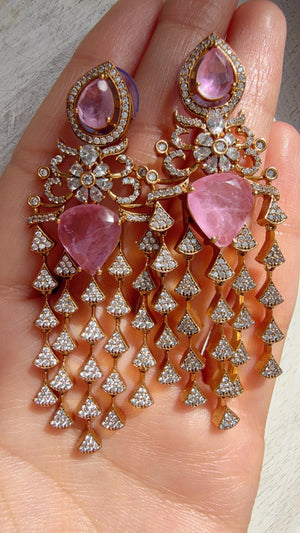 Moissanite kundan Pink Earrings / American Diamond Earrings/ Statement doublet Danglers//Bridal Chandelier Earrings - Naina
