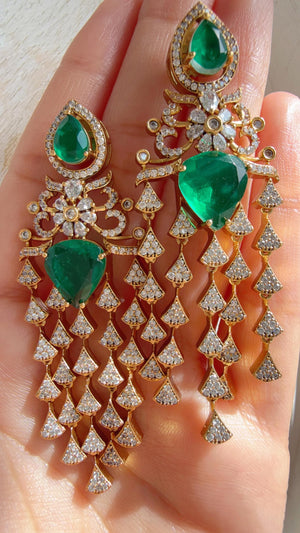 Moissanite kundan Green Earrings / American Diamond Earrings/ Statement doublet Danglers//Bridal Chandelier Earrings - Naina