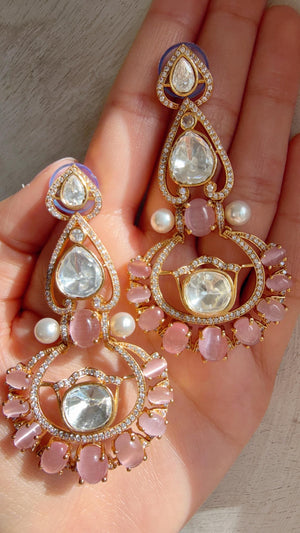 Moissanite kundan Baby Pink Earrings / American Diamond chandbali Earrings/ Statement Leopard Danglers//Bridal Chandelier Earrings/Pia