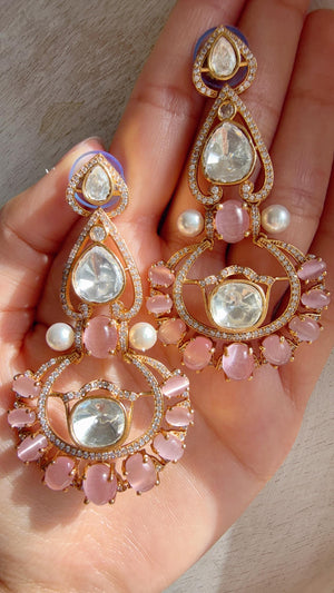 Moissanite kundan Baby Pink Earrings / American Diamond chandbali Earrings/ Statement Leopard Danglers//Bridal Chandelier Earrings/Pia