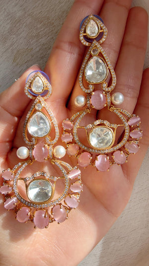 Moissanite kundan Baby Pink Earrings / American Diamond chandbali Earrings/ Statement Leopard Danglers//Bridal Chandelier Earrings/Pia