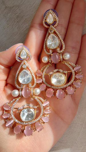 Moissanite kundan Baby Pink Earrings / American Diamond chandbali Earrings/ Statement Leopard Danglers//Bridal Chandelier Earrings/Pia
