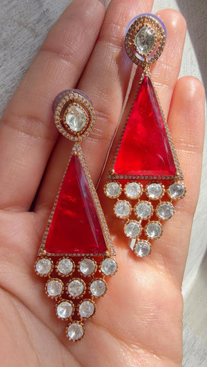 Geometric Pyramid Diamond Ruby Earrings /American Diamond chandbali Earrings/Statement Danglers/Bridal Chandelier Earrings/