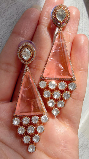 Geometric Pyramid Diamond Baby Pink Earrings /American Diamond chandbali Earrings/Statement Danglers/Bridal Chandelier Earrings/