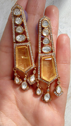Moissanite Kundan Dangler Yellow Earrings /American Diamond Doublet Earrings/Statement Danglers/Bridal Chandelier Earrings/Navi