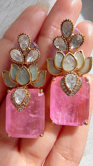 Lotus Diamond Doublet Dangler Pink Earrings/American Diamond Earrings/Statement Danglers/Bridal Chandelier Earrings/Aish