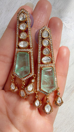 Moissanite Kundan Dangler Mint Earrings /American Diamond Doublet Earrings/Statement Danglers/Bridal Chandelier Earrings/Navi