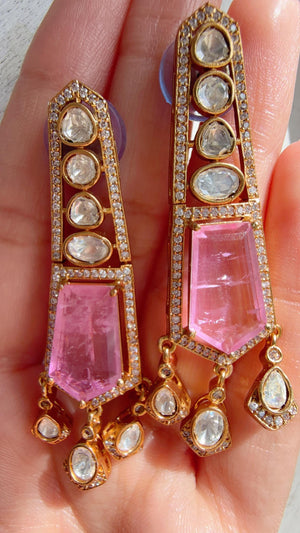 Moissanite Kundan Dangler Pink Earrings /American Diamond Doublet Earrings/Statement Danglers/Bridal Chandelier Earrings/Navi