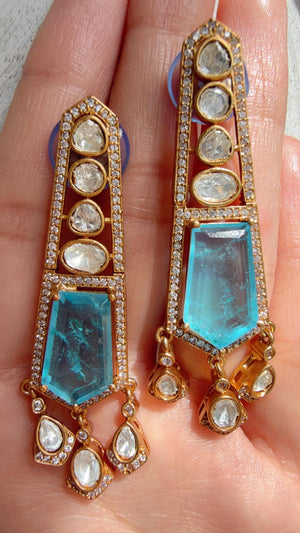 Moissanite Kundan Dangler Firoza Earrings /American Diamond Doublet Earrings/Statement Danglers/Bridal Chandelier Earrings/Navi