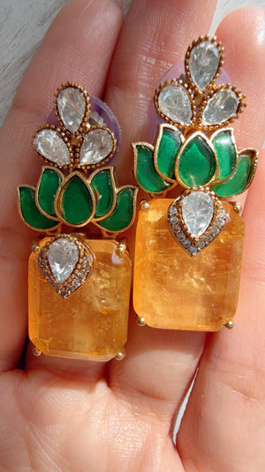 Lotus Diamond Doublet Dangler Yellow Earrings/American Diamond Earrings/Statement Danglers/Bridal Chandelier Earrings/Aish