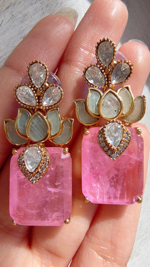 Lotus Diamond Doublet Dangler Pink Earrings/American Diamond Earrings/Statement Danglers/Bridal Chandelier Earrings/Aish