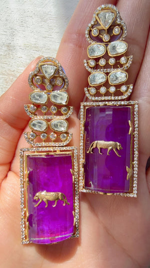 Moissanite Kundan Dangler Purple Earrings /American Diamond Doublet Leopard Earrings/Statement Danglers/Bridal Chandelier Earrings/Tanvi