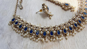 Petite look Antique Polki Kundan blue Necklace Set with stud Earrings and Tikka | Indian Jewelry | Bridal Jewelry Kaur