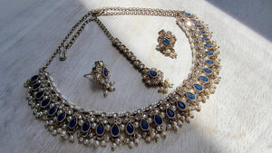 Petite look Antique Polki Kundan blue Necklace Set with stud Earrings and Tikka | Indian Jewelry | Bridal Jewelry Kaur