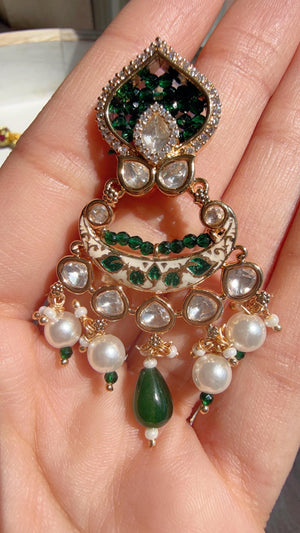 Emerald Green Kundan Rani Haar Necklace Set | Kundan Diamond Long Necklace | Indian Bridal Jewelry | Indian Wedding Necklace - Mary