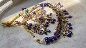 Purple Kundan Polki Choker Necklace Set | Gold Finish Statement Choker with chandbali and Maang tikka | Indian Bridal Jewelry