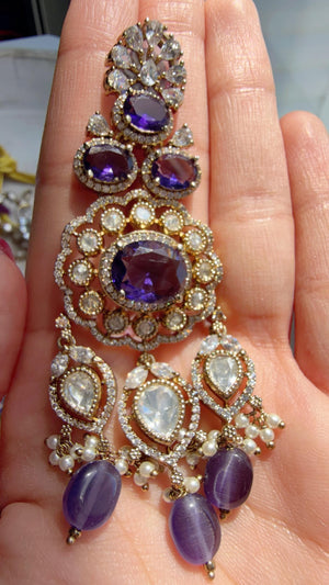 Purple Kundan Polki Choker Necklace Set | Gold Finish Statement Choker with chandbali and Maang tikka | Indian Bridal Jewelry