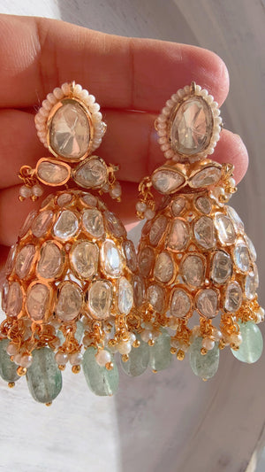 Gold Luxurious Moissanite Mint jhumka Earrings/Statement Jewelry Moissanite jhumka Earrings/Bridal Diamond