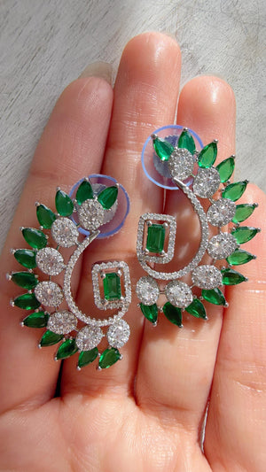 Diamond silver medium length Green earrings /Indian Studs/Indian Jewelry/diamond Studs/Statement Stud Earring/